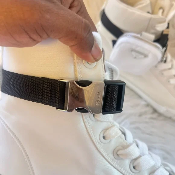 Prada White High-Top Sneakers with Black Strap - Picture 9 of 14